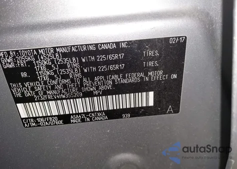 2017 Toyota Rav4 Le из США, поврежденный, VIN 2T3ZFREV4HW355209